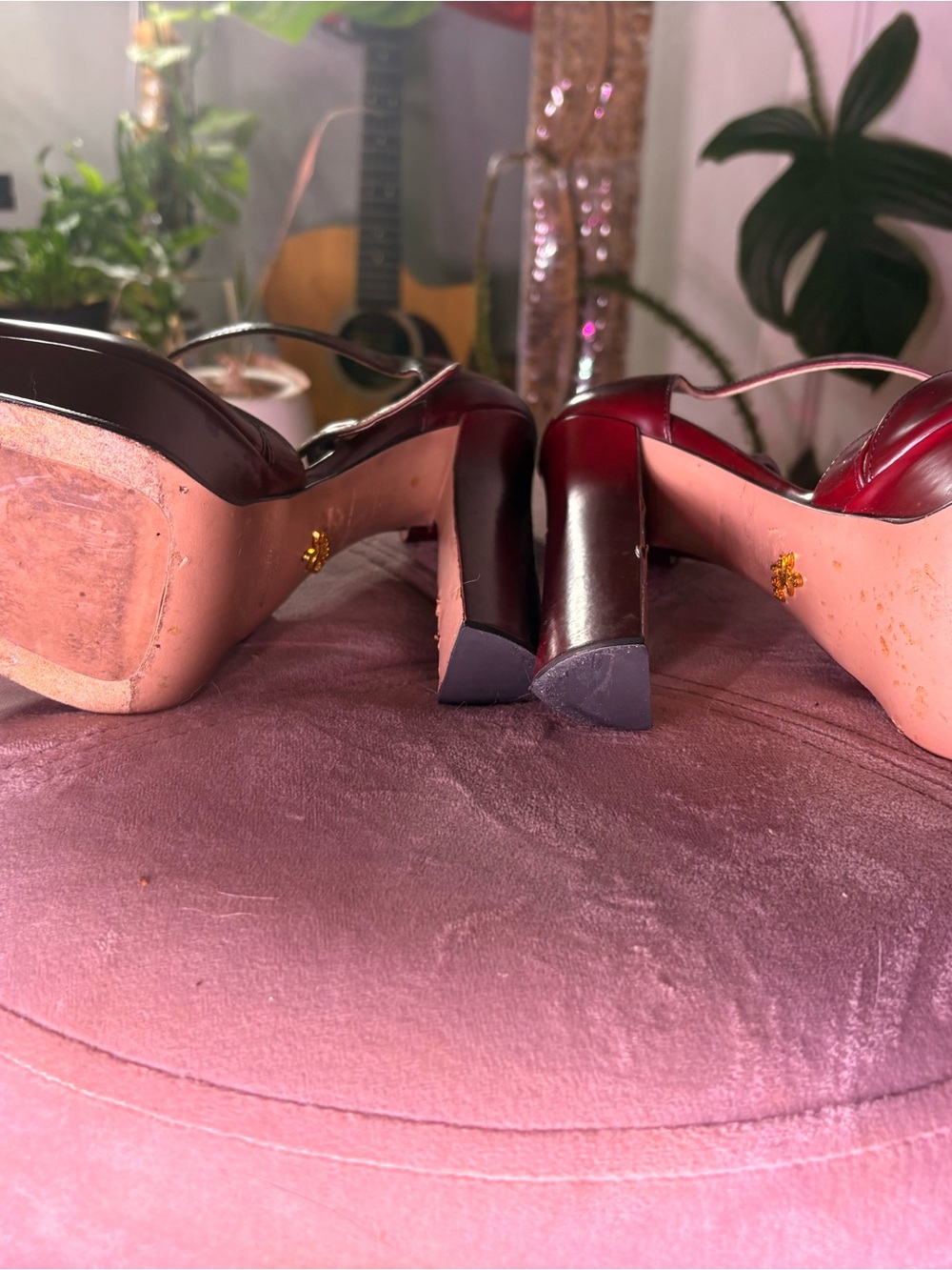 Prada Burgundy Patent Leather Crisscross Peep-Toe Heels - Picture 3 of 5